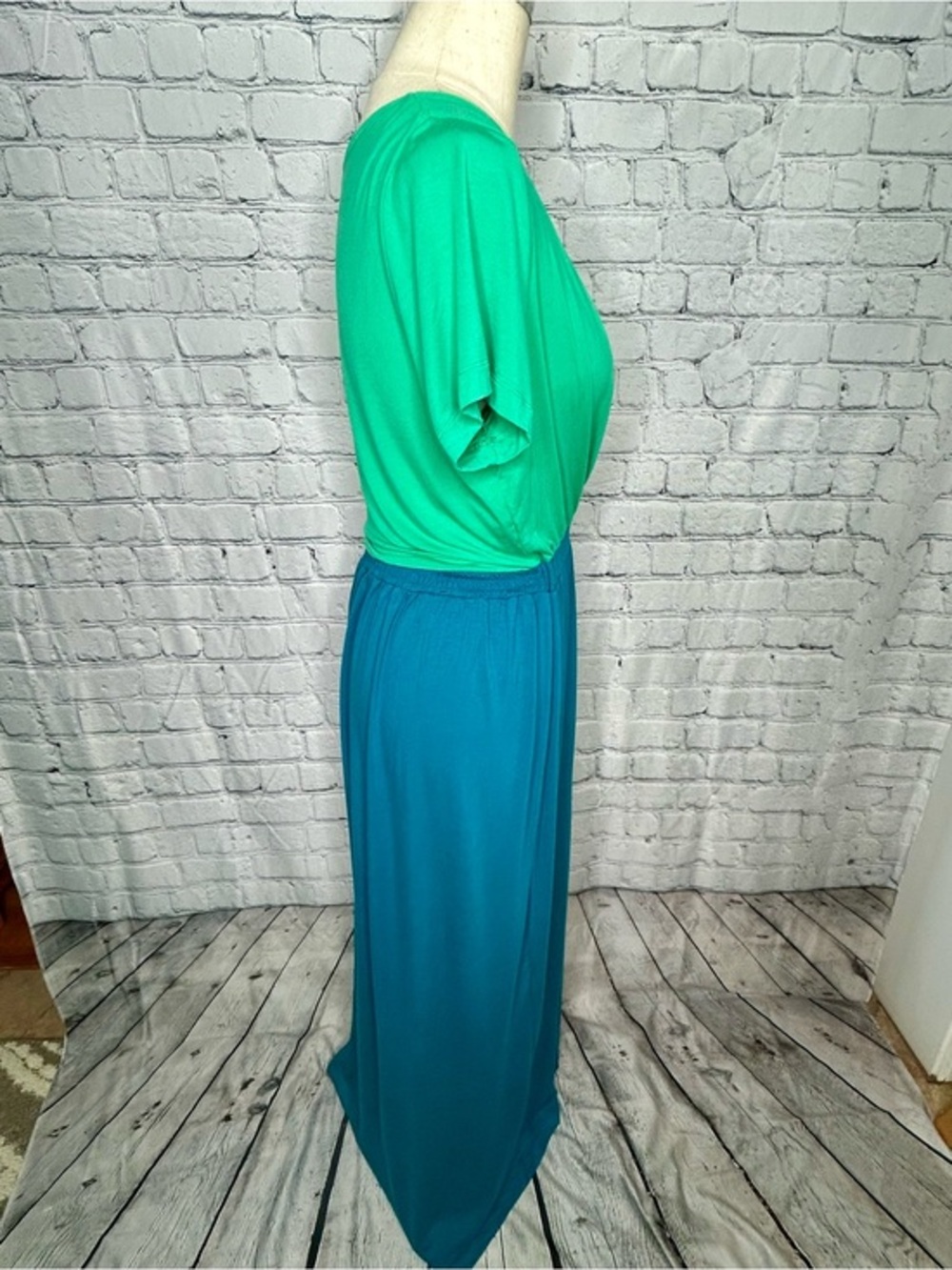 Isaac Mizrah Colorblock Maxi Dress Green Teal Short Sleeve V Neck Medium - Picture 5 of 7